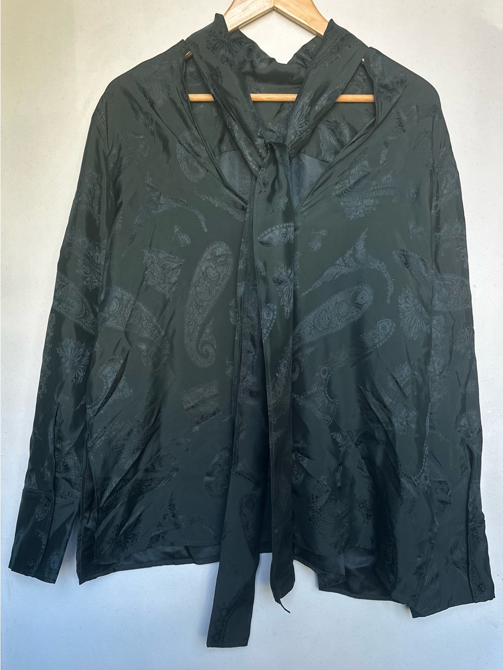 COS Dark Green Paisley Satin-Floral-Jacquard Bow Blouse - Picture 6 of 8